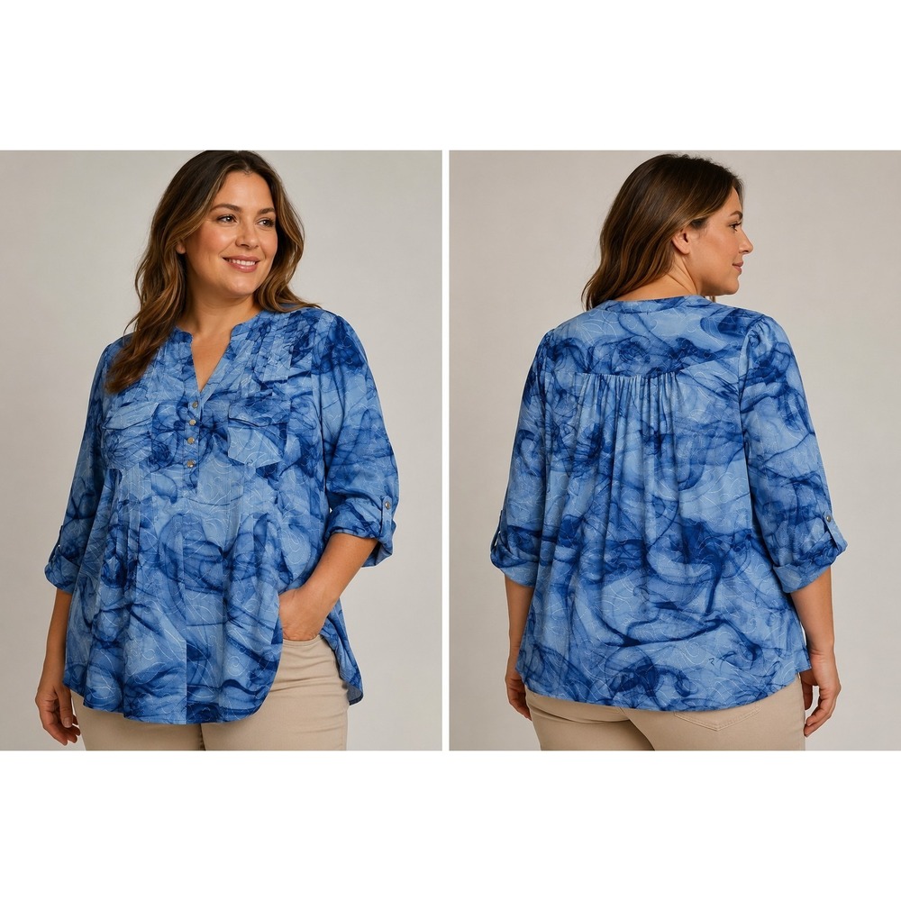 Cocomo Woman Blue Abstract Print Blouse Womens Roll Tab 3/4 Sleeve Sz M Pleated